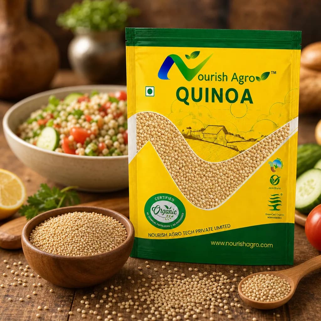 Nourish Agro organic quinoa styled with a wooden bowl and fresh herbs