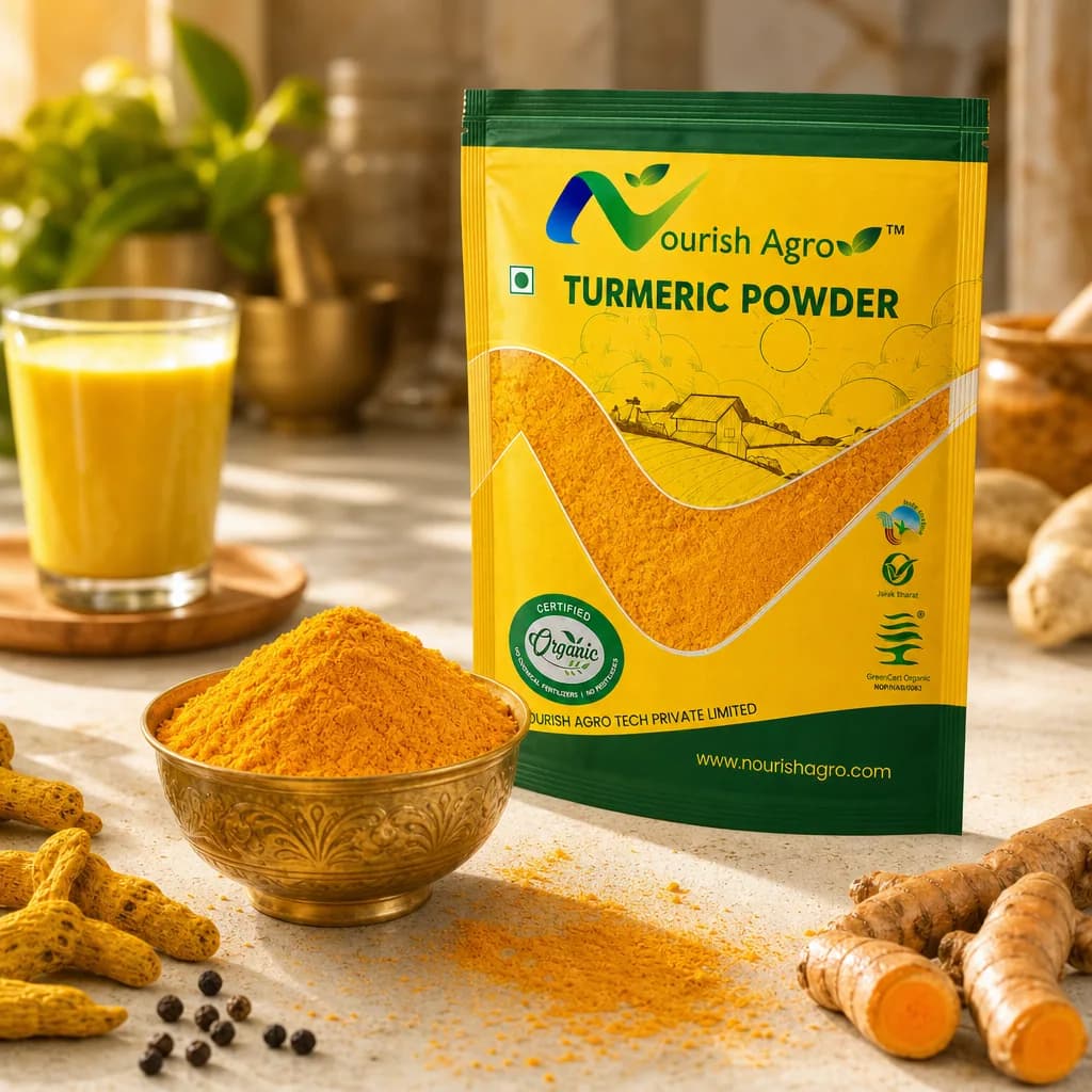 Nourish Agro turmeric powder with fresh turmeric root and a brass bowl
